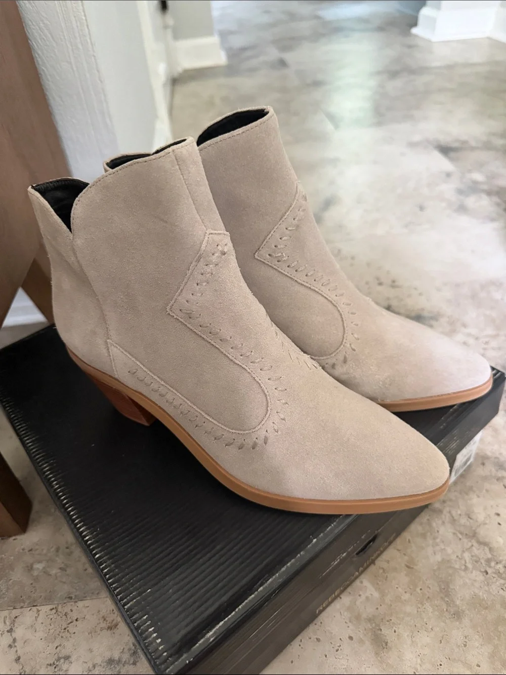 Rebecca Minkoff lulu western Slate Suede Ankle Bootie with Stacked Heel size 7